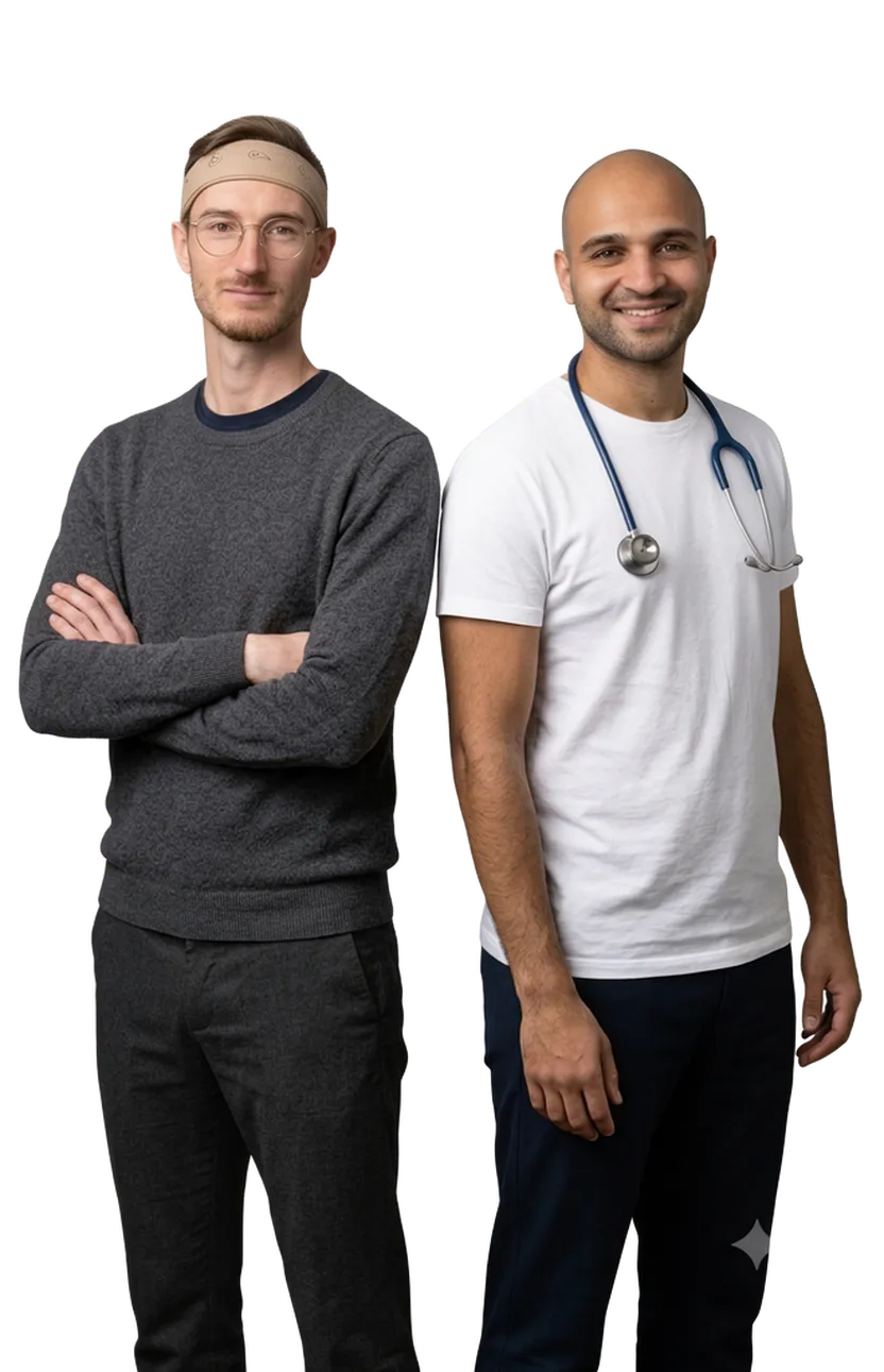 AppSky’s founders standing side by side: a product expert and a nurse with a stethoscope.