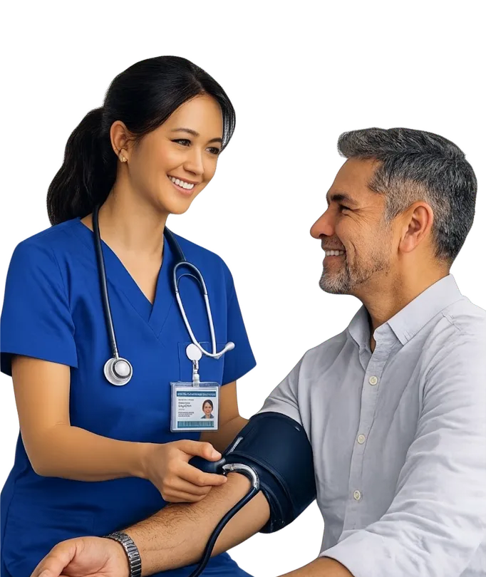 A home-care nurse checking a patient’s blood pressure